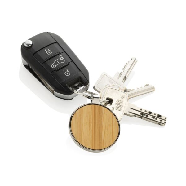 RCS recycled zinc alloy round keychain with bamboo P191.6709